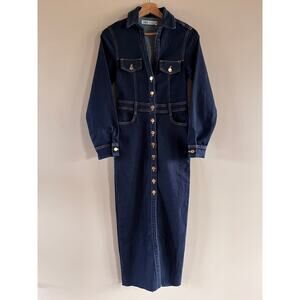 NWOT ZARA Denim Button Down Midi Dress XS Dark Blue Navy